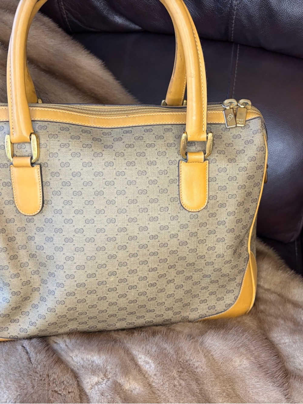 Vintage Gucci Beige Monogram Satchel with Leather Trim - Picture 10 of 10